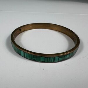 Vintage Brass Bangle Faux Malachite Green Resin Inlay 1980s Bracelet‎